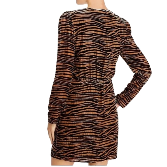 Wayf Mylene Tiger Stripe Print Velvet Wrap Front Vneck Minidress - Picture 2 of 9